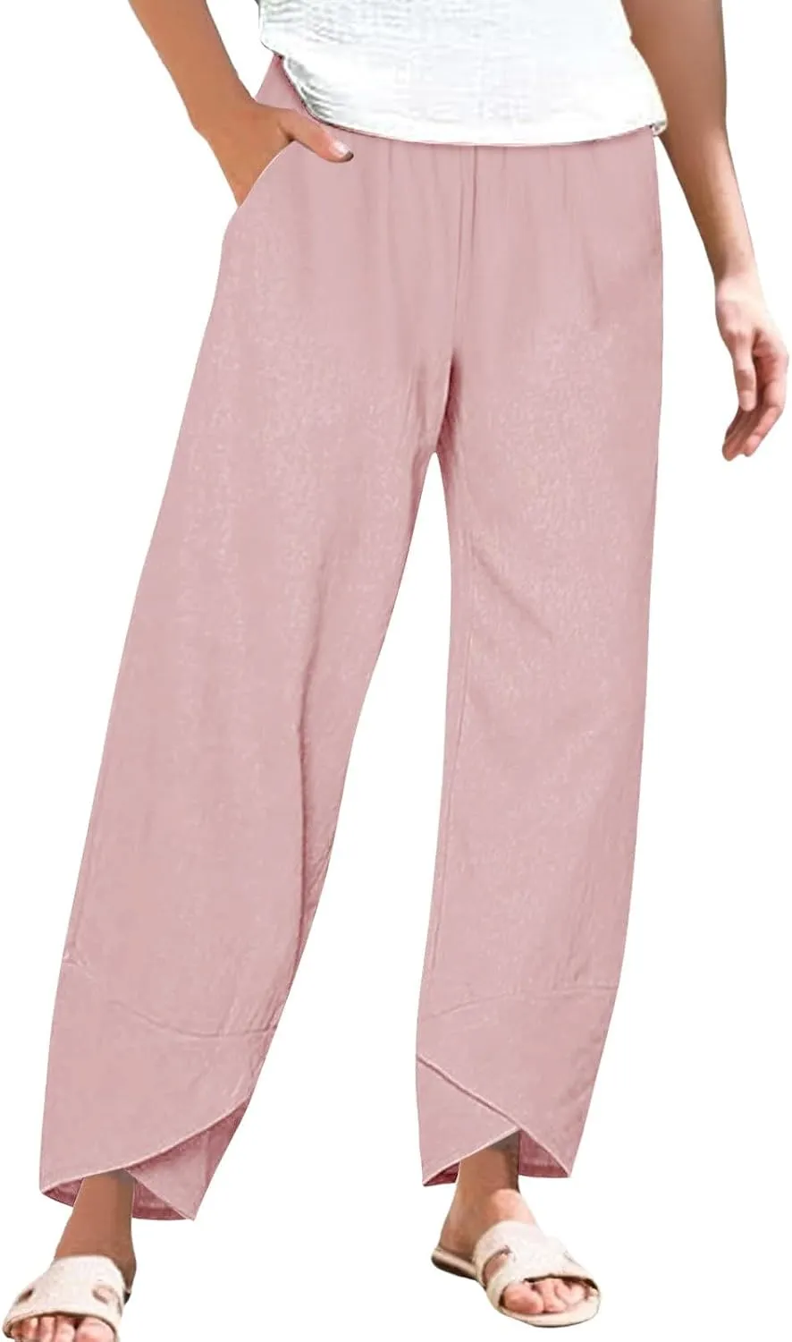 Womens Cotton Linen Straight Pants Spring Summer High-Waist Pant Loose Trousers with Irregular Pant Legs for Vacation