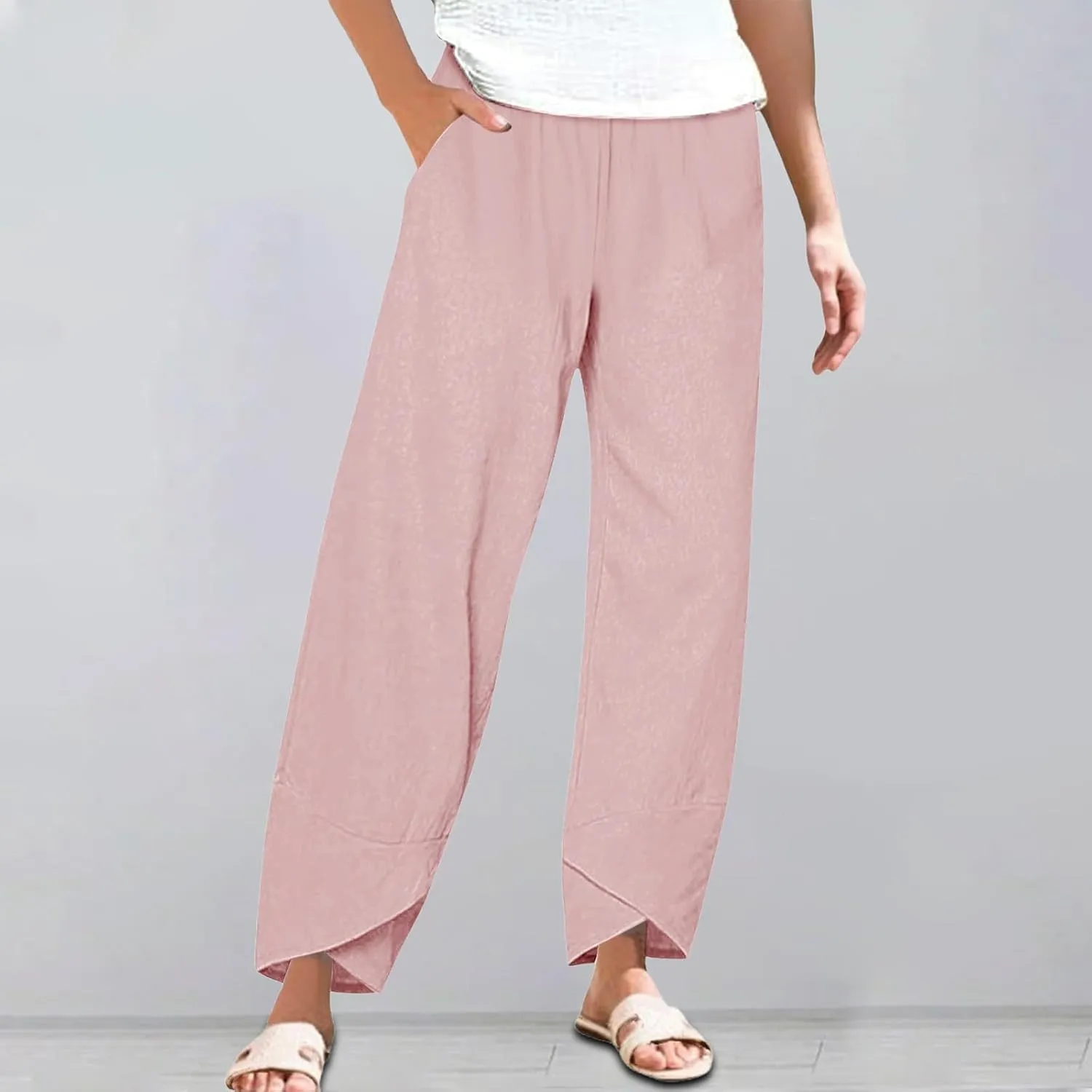 Womens Cotton Linen Straight Pants Spring Summer High-Waist Pant Loose Trousers with Irregular Pant Legs for Vacation