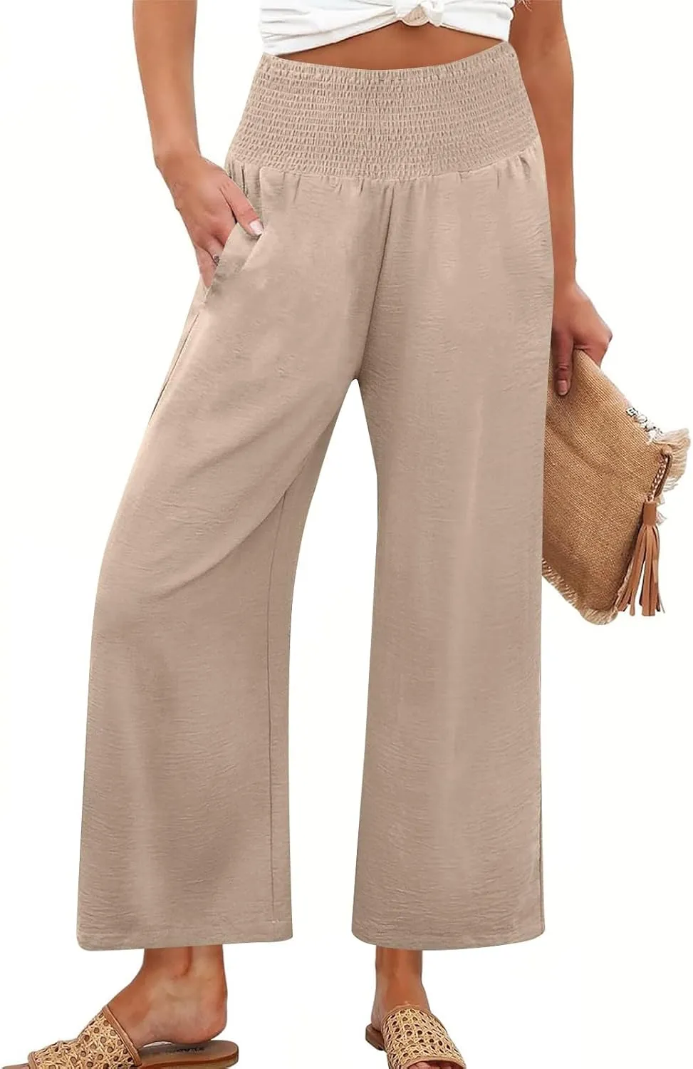 Womens Cropped Linen Pants Smocked Elastic Waisted Wide Leg Pants Summer Loose Beach Palazzo Lounge Pant with Pockets