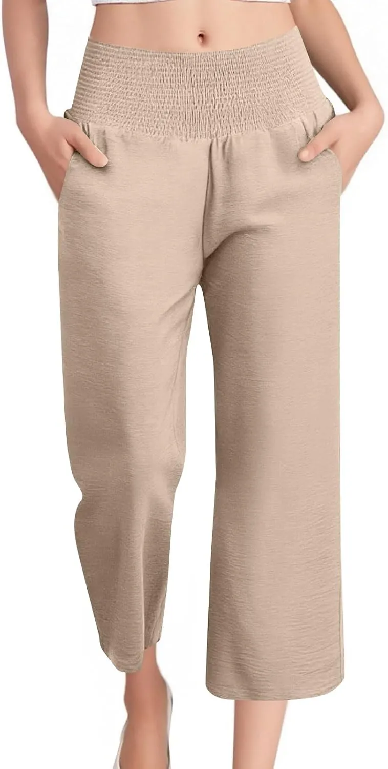 Womens Cropped Linen Pants Smocked Elastic Waisted Wide Leg Pants Summer Loose Beach Palazzo Lounge Pant with Pockets