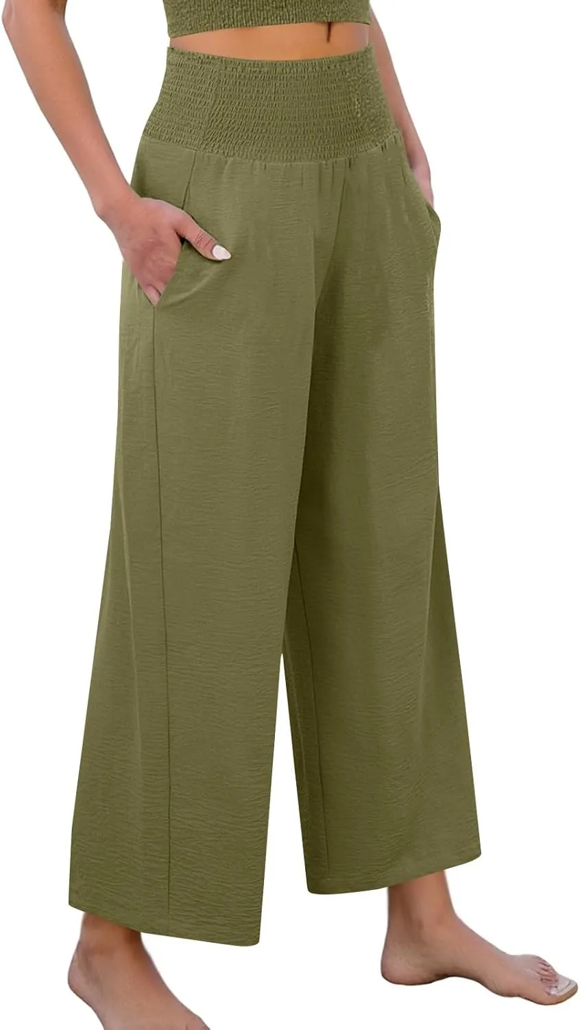 Womens Cropped Linen Pants Smocked Elastic Waisted Wide Leg Pants Summer Loose Beach Palazzo Lounge Pant with Pockets