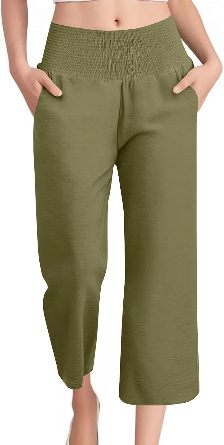 Womens Cropped Linen Pants Smocked Elastic Waisted Wide Leg Pants Summer Loose Beach Palazzo Lounge Pant with Pockets
