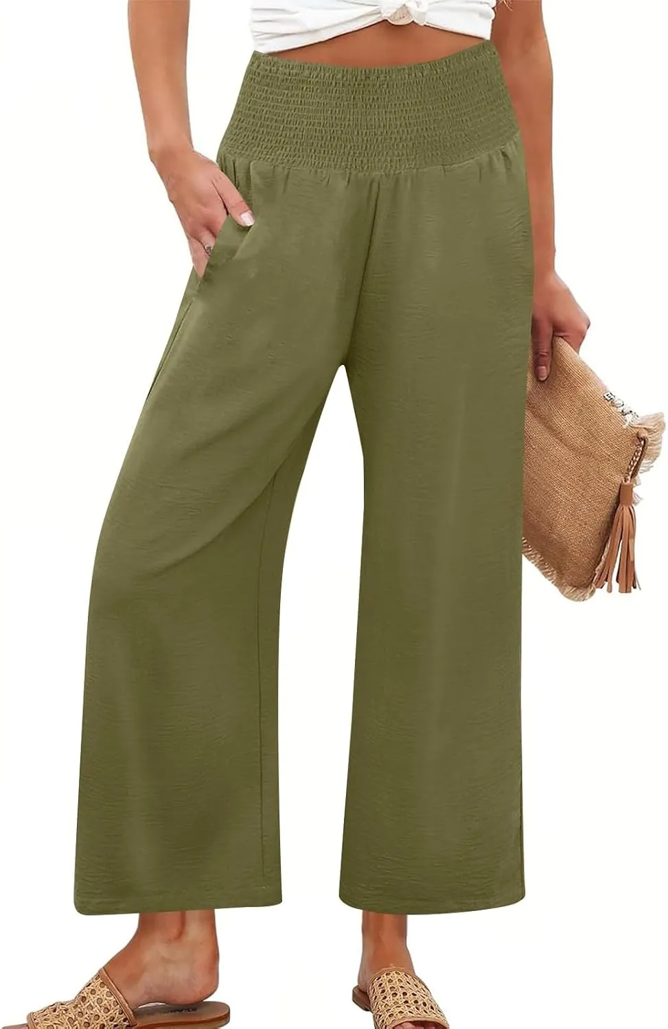 Womens Cropped Linen Pants Smocked Elastic Waisted Wide Leg Pants Summer Loose Beach Palazzo Lounge Pant with Pockets