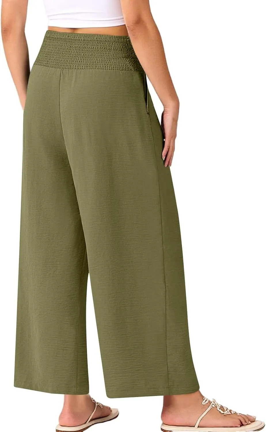 Womens Cropped Linen Pants Smocked Elastic Waisted Wide Leg Pants Summer Loose Beach Palazzo Lounge Pant with Pockets