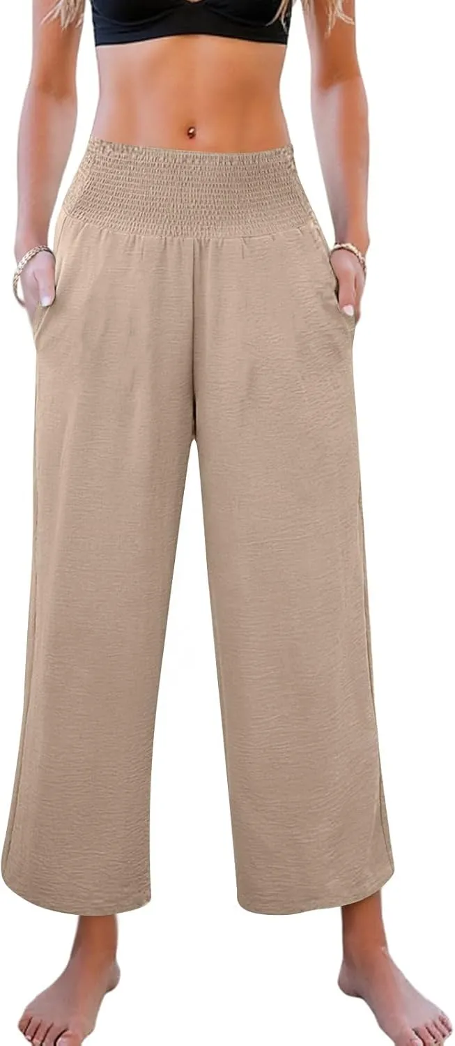 Womens Cropped Linen Pants Smocked Elastic Waisted Wide Leg Pants Summer Loose Beach Palazzo Lounge Pant with Pockets
