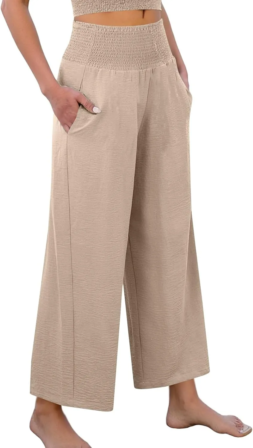 Womens Cropped Linen Pants Smocked Elastic Waisted Wide Leg Pants Summer Loose Beach Palazzo Lounge Pant with Pockets