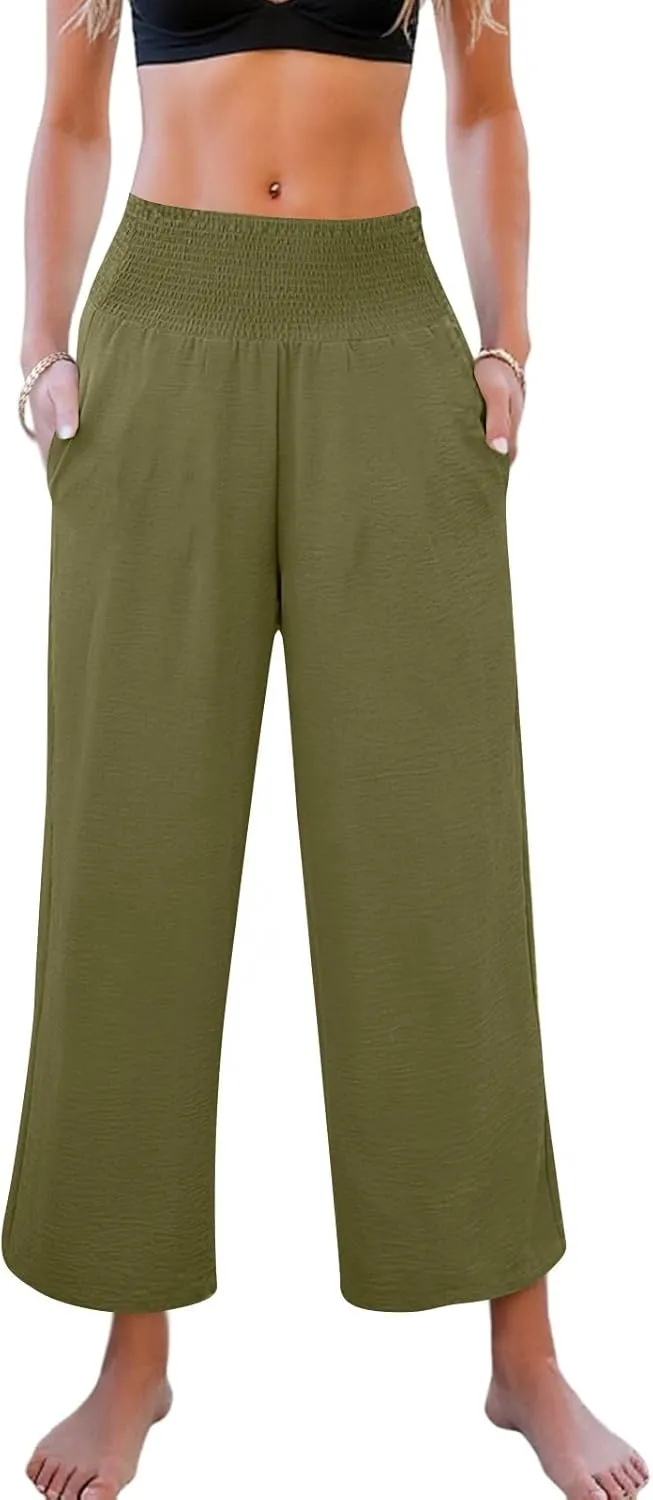 Womens Cropped Linen Pants Smocked Elastic Waisted Wide Leg Pants Summer Loose Beach Palazzo Lounge Pant with Pockets