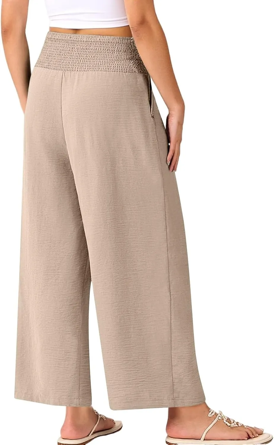 Womens Cropped Linen Pants Smocked Elastic Waisted Wide Leg Pants Summer Loose Beach Palazzo Lounge Pant with Pockets