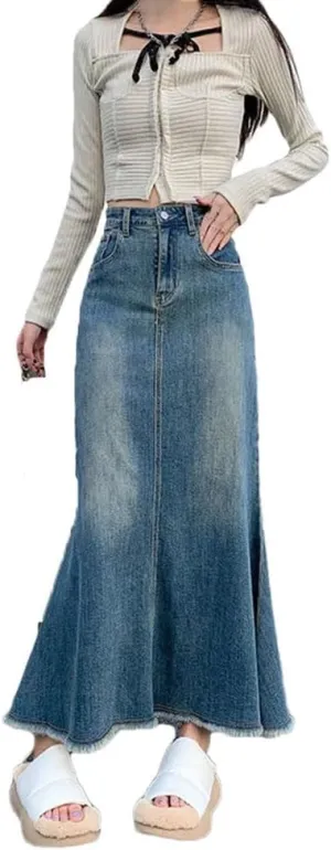 Women's Denim Skirts Vintage Midi Skirt High Waisted Mermaid A Line Skirt