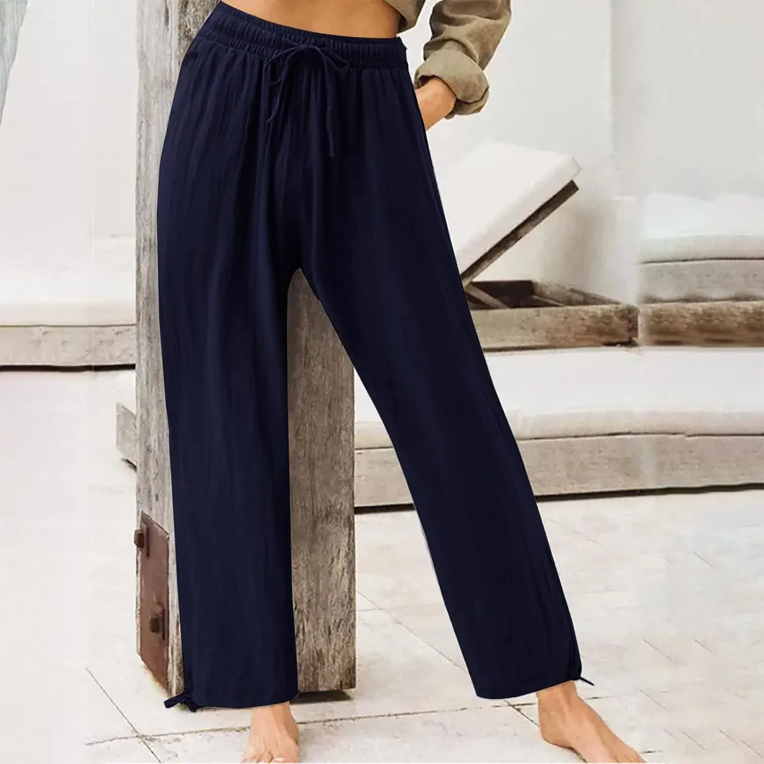 Womens Elastic High Waisted Palazzo Pants 2024 Summer Trendy Casual Wide Leg Pant Long Lounge Trousers with Pocket