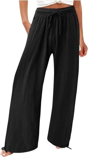 Womens Elastic High Waisted Palazzo Pants 2024 Summer Trendy Casual Wide Leg Pant Long Lounge Trousers with Pocket