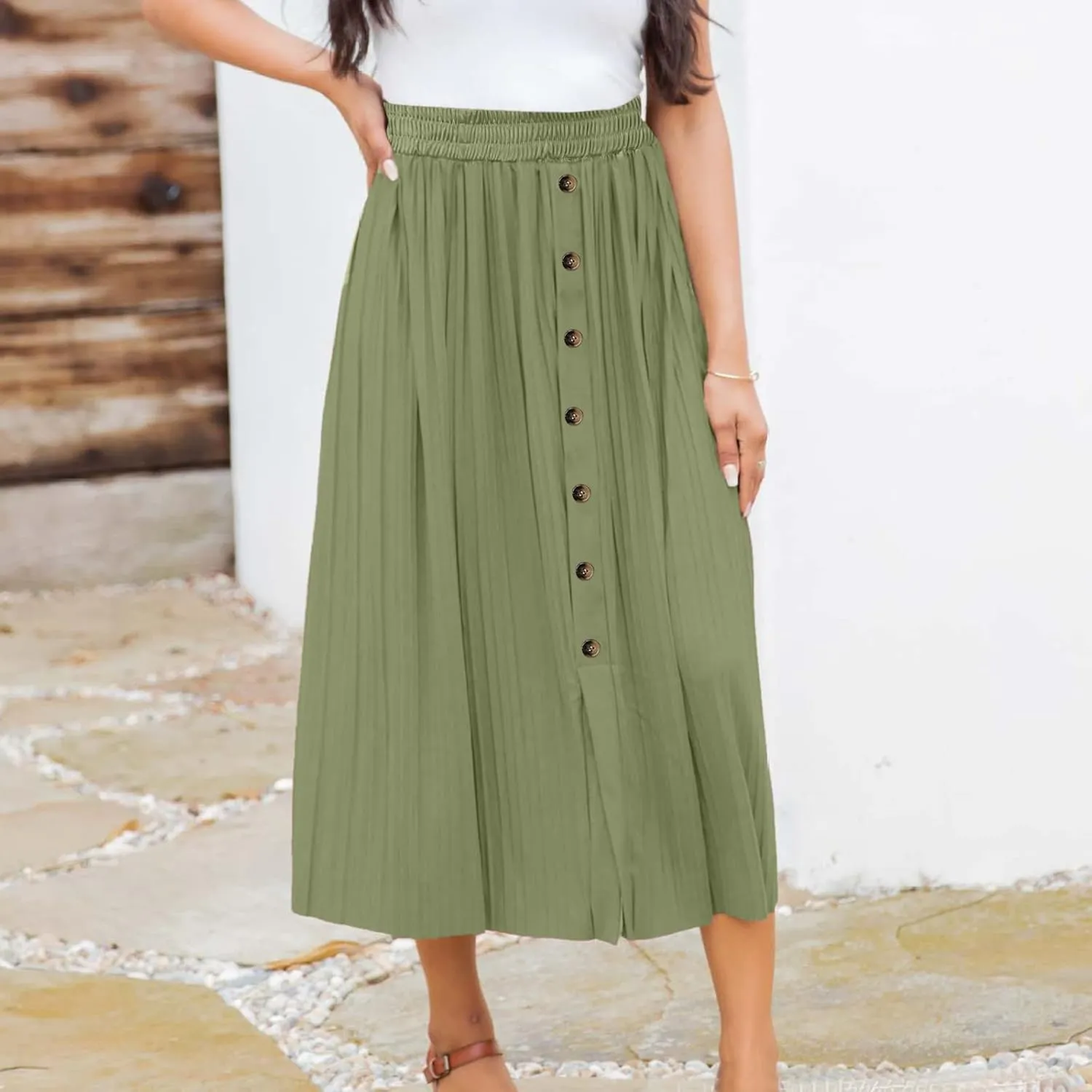 Women's Elastic Waist Party Shiny Accordion Pleated Midi Skirt Swimsuit Skirts