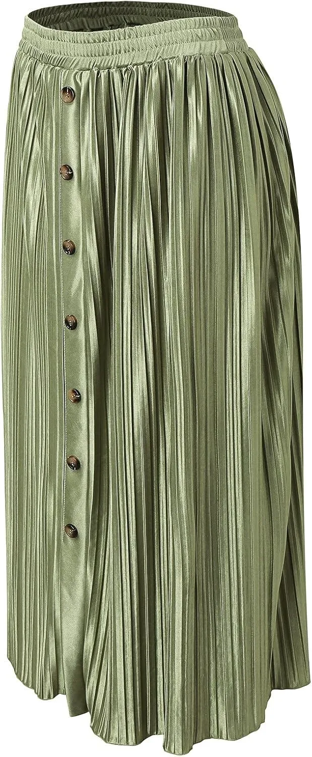 Women's Elastic Waist Party Shiny Accordion Pleated Midi Skirt Swimsuit Skirts