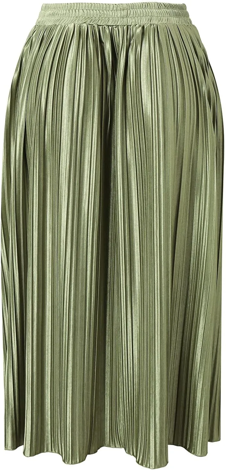 Women's Elastic Waist Party Shiny Accordion Pleated Midi Skirt Swimsuit Skirts