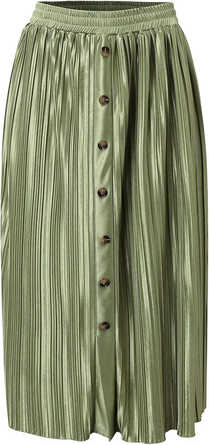 Women's Elastic Waist Party Shiny Accordion Pleated Midi Skirt Swimsuit Skirts