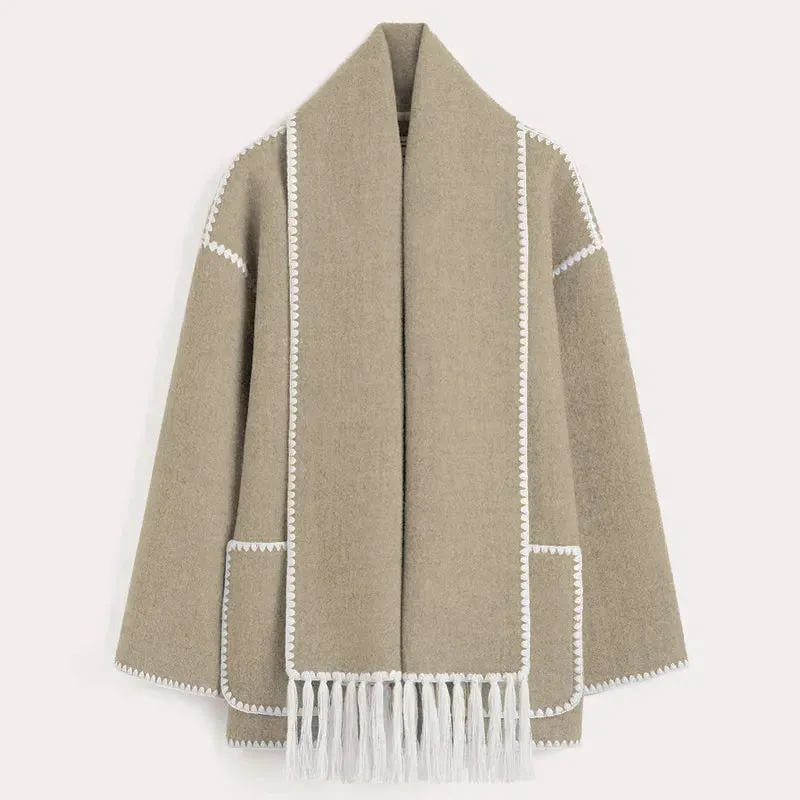 Women's Fashion Warm Coats With Scarf Elegant Single Breasted Jackets with Pockets Loose Streetwear