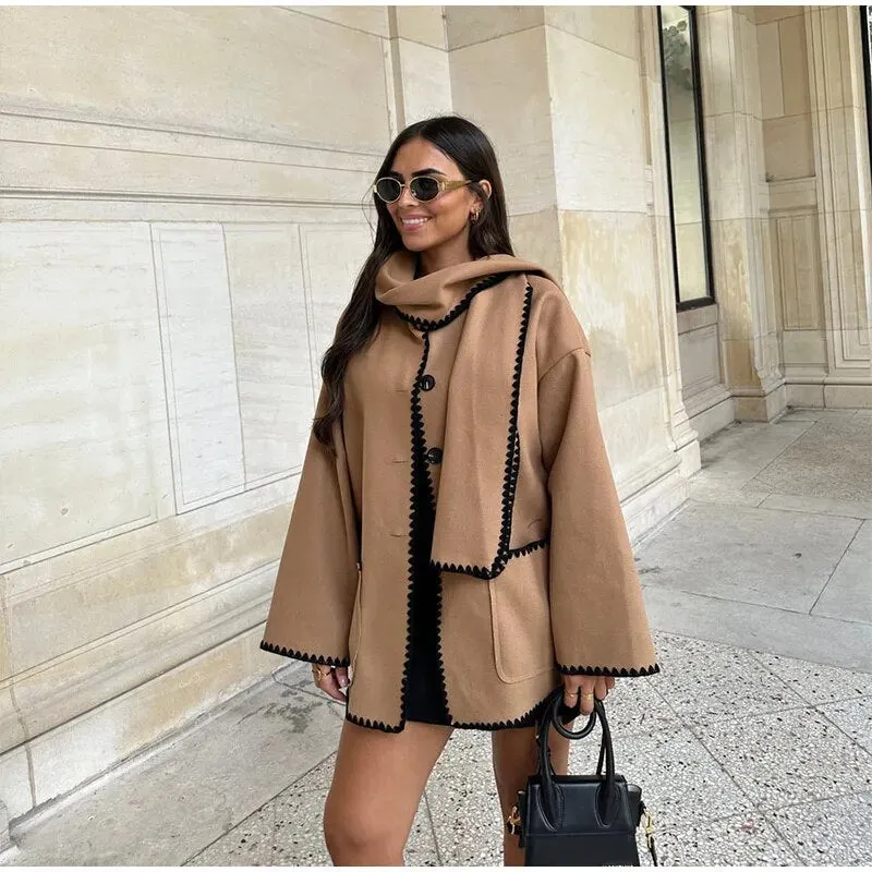 Women's Fashion Warm Coats With Scarf Elegant Single Breasted Jackets with Pockets Loose Streetwear