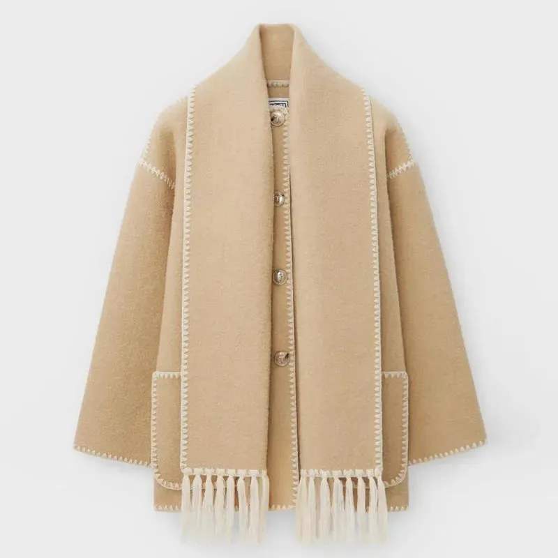 Women's Fashion Warm Coats With Scarf Elegant Single Breasted Jackets with Pockets Loose Streetwear