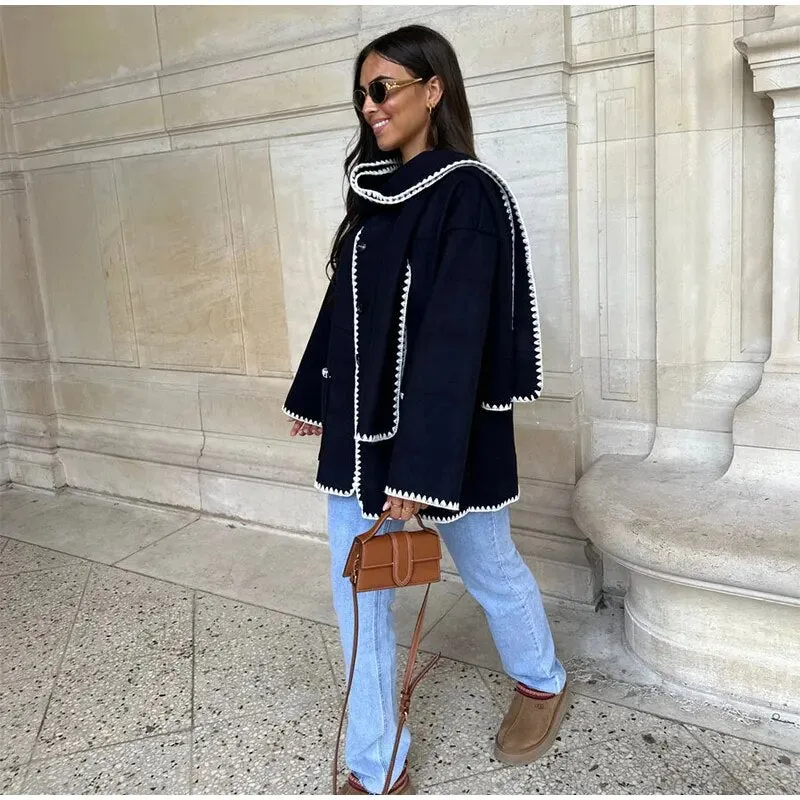 Women's Fashion Warm Coats With Scarf Elegant Single Breasted Jackets with Pockets Loose Streetwear