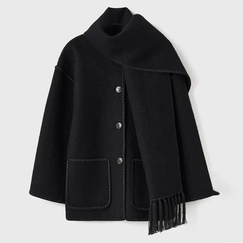 Women's Fashion Warm Coats With Scarf Elegant Single Breasted Jackets with Pockets Loose Streetwear