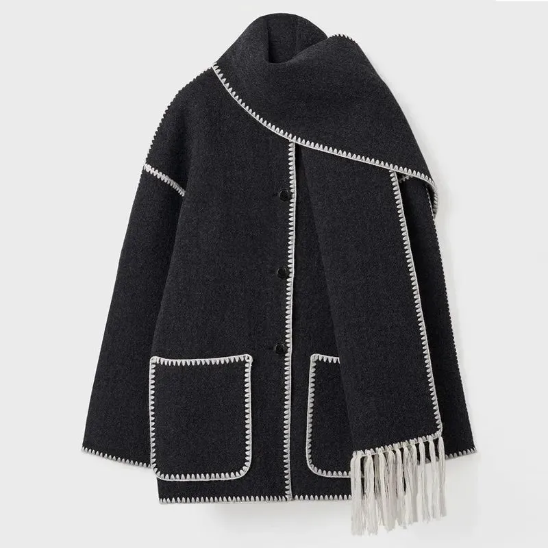 Women's Fashion Warm Coats With Scarf Elegant Single Breasted Jackets with Pockets Loose Streetwear