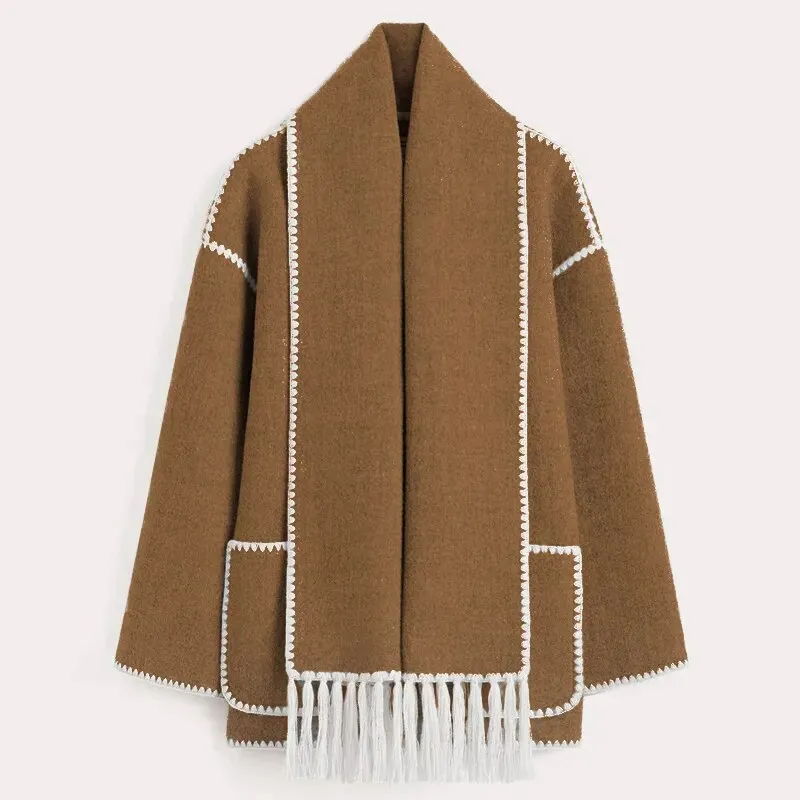 Women's Fashion Warm Coats With Scarf Elegant Single Breasted Jackets with Pockets Loose Streetwear