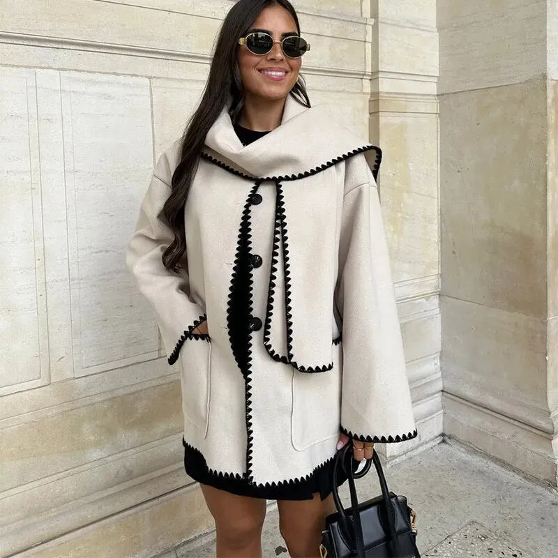 Women's Fashion Warm Coats With Scarf Elegant Single Breasted Jackets with Pockets Loose Streetwear