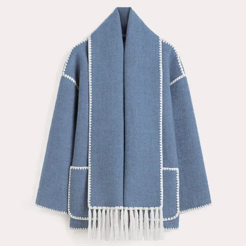 Women's Fashion Warm Coats With Scarf Elegant Single Breasted Jackets with Pockets Loose Streetwear