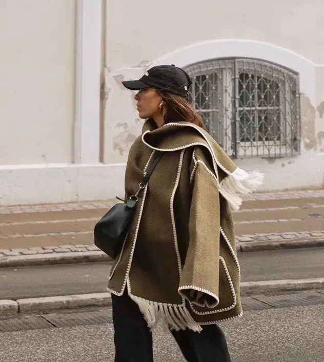 Women's Fashion Warm Coats With Scarf Elegant Single Breasted Jackets with Pockets Loose Streetwear