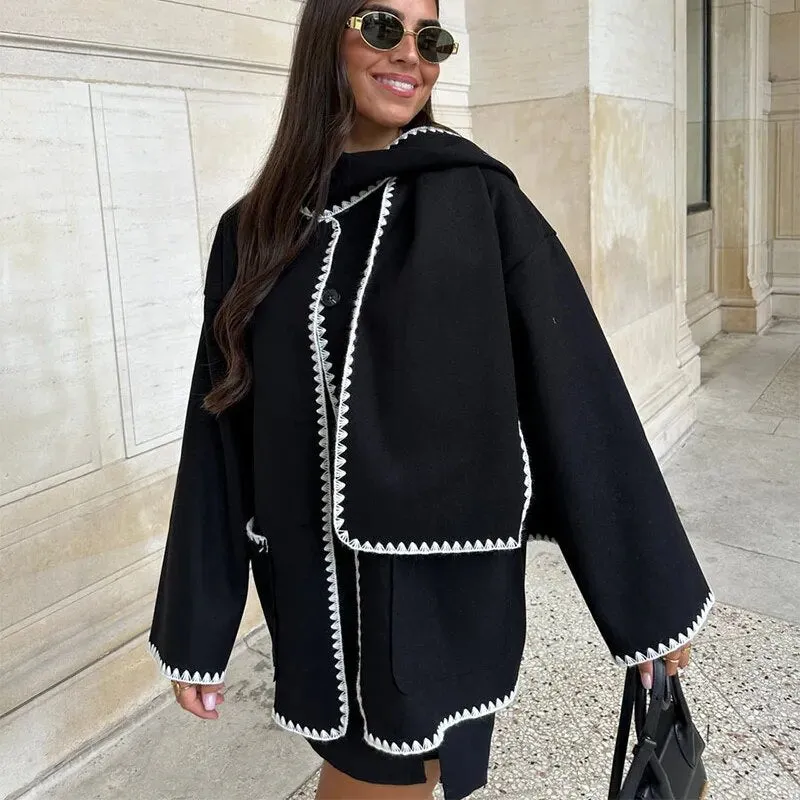 Women's Fashion Warm Coats With Scarf Elegant Single Breasted Jackets with Pockets Loose Streetwear