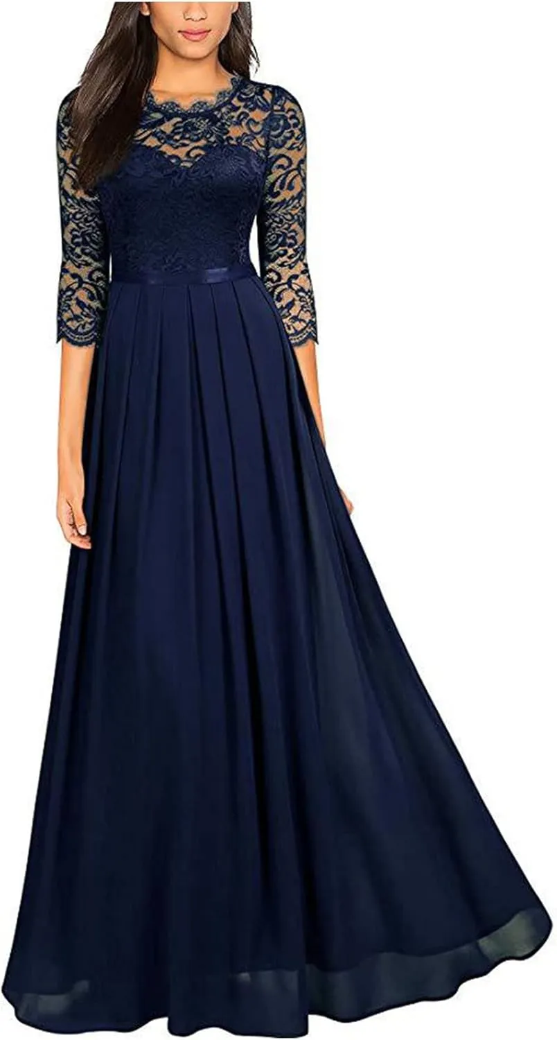 Women's Floral Lace Maxi Dress 3/4 Sleeve Bridesmaid Party Dress Vintage Formal Cocktail Party Swing Dresses