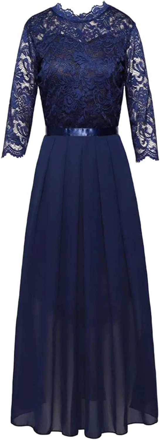 Women's Floral Lace Maxi Dress 3/4 Sleeve Bridesmaid Party Dress Vintage Formal Cocktail Party Swing Dresses