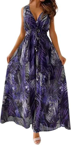 Women's Floral Long Maxi Dress Summer Spaghetti Strap Sleeveless Flowy Boho Wrap V Neck Beach Floor Length Dresses