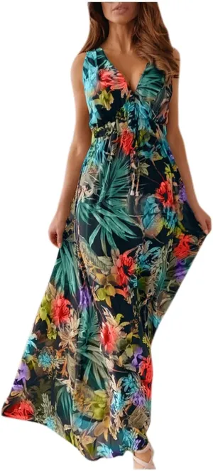 Women's Floral Long Maxi Dress Summer Spaghetti Strap Sleeveless Flowy Boho Wrap V Neck Beach Floor Length Dresses