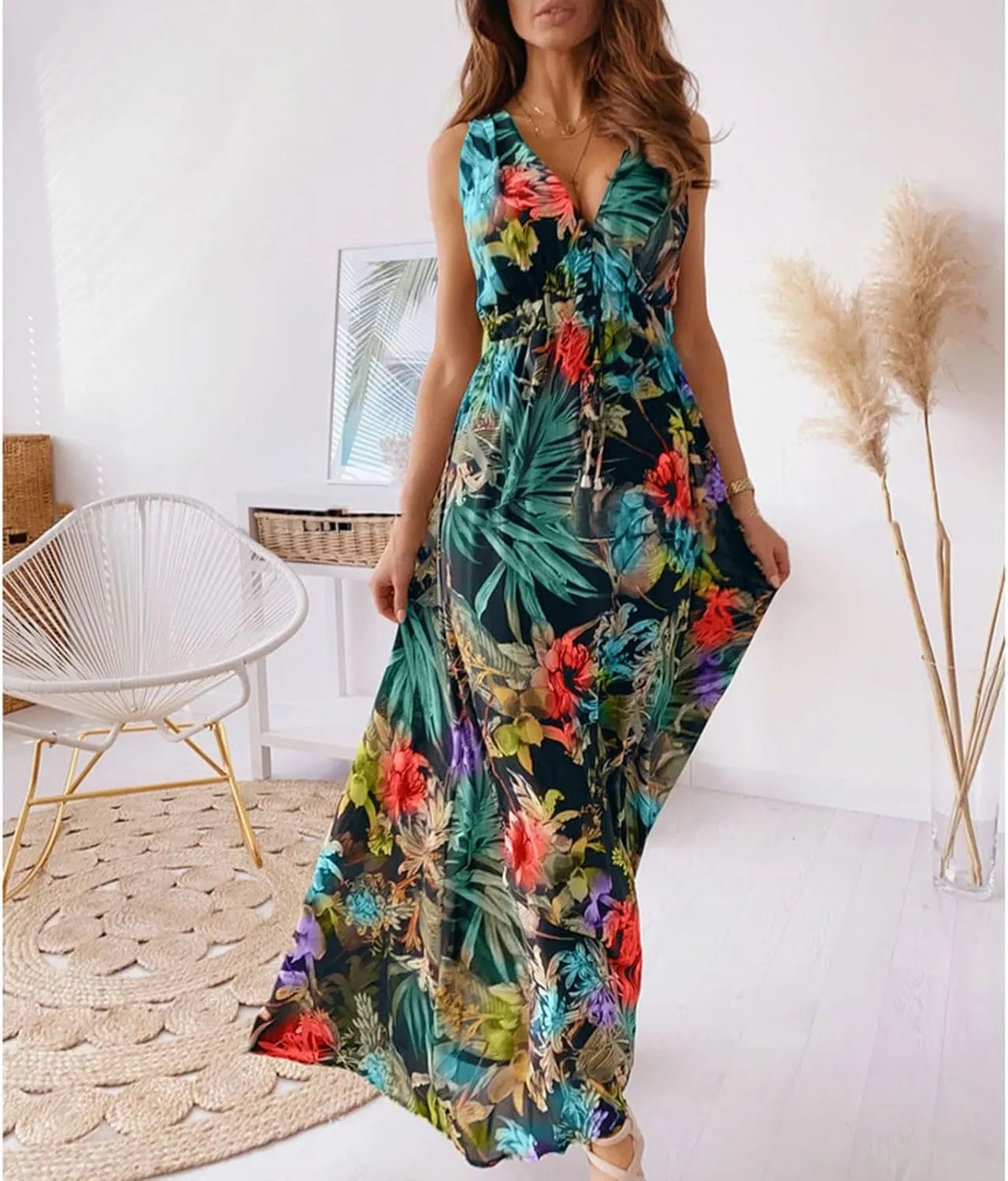 Women's Floral Long Maxi Dress Summer Spaghetti Strap Sleeveless Flowy Boho Wrap V Neck Beach Floor Length Dresses