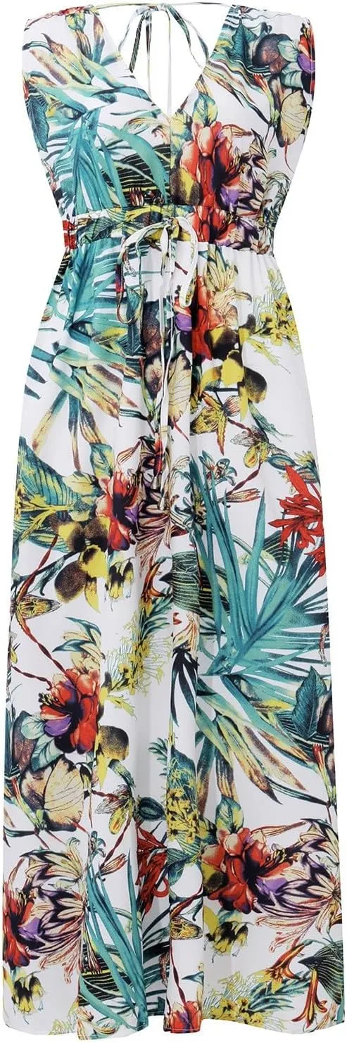 Women's Floral Long Maxi Dress Summer Spaghetti Strap Sleeveless Flowy Boho Wrap V Neck Beach Floor Length Dresses