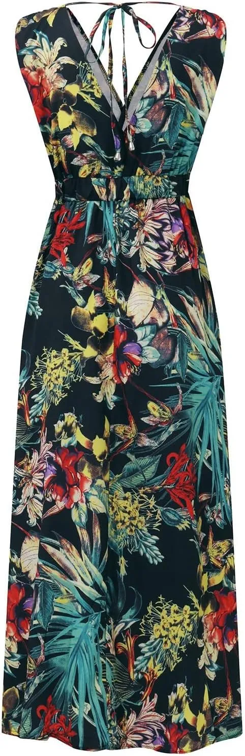 Women's Floral Long Maxi Dress Summer Spaghetti Strap Sleeveless Flowy Boho Wrap V Neck Beach Floor Length Dresses