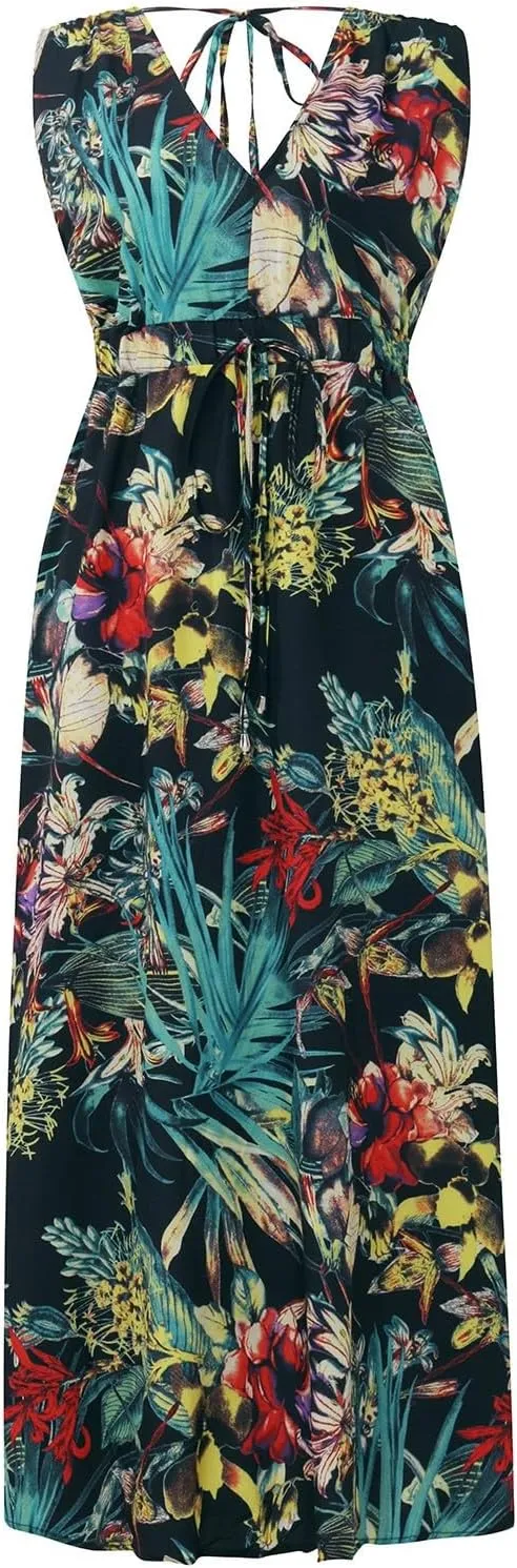 Women's Floral Long Maxi Dress Summer Spaghetti Strap Sleeveless Flowy Boho Wrap V Neck Beach Floor Length Dresses