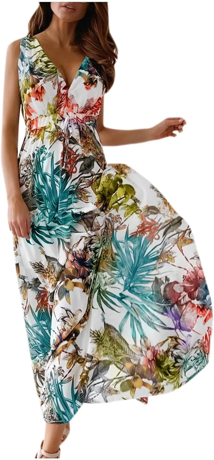 Women's Floral Long Maxi Dress Summer Spaghetti Strap Sleeveless Flowy Boho Wrap V Neck Beach Floor Length Dresses