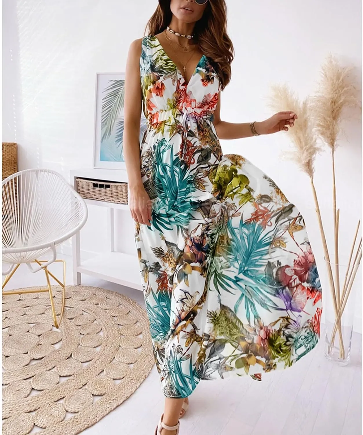 Women's Floral Long Maxi Dress Summer Spaghetti Strap Sleeveless Flowy Boho Wrap V Neck Beach Floor Length Dresses