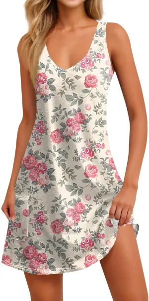 Women's Floral Sleeveless Summer Dress Lightweight Casual Beach Sundress with V-Neck for Vacation & Daily Wear