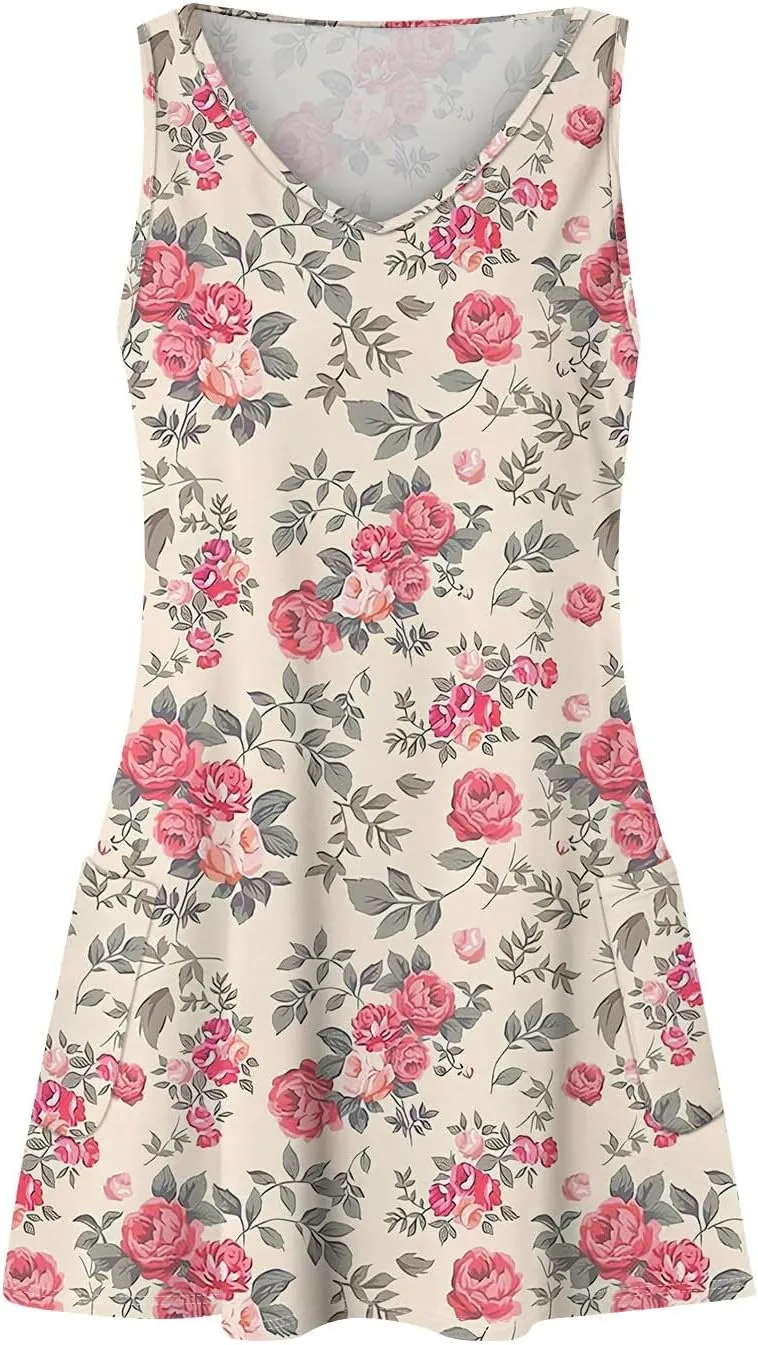 Women's Floral Sleeveless Summer Dress Lightweight Casual Beach Sundress with V-Neck for Vacation & Daily Wear