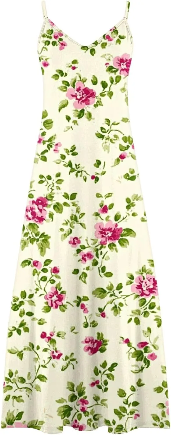 Womens Floral Sundresses Spaghetti Strap Summer Dresses Sleeveless V Neck Maxi Dress Sexy A Line Beach Cami Dress