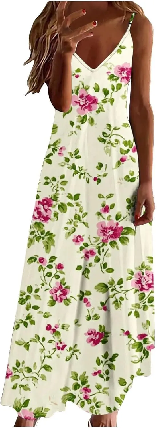 Womens Floral Sundresses Spaghetti Strap Summer Dresses Sleeveless V Neck Maxi Dress Sexy A Line Beach Cami Dress