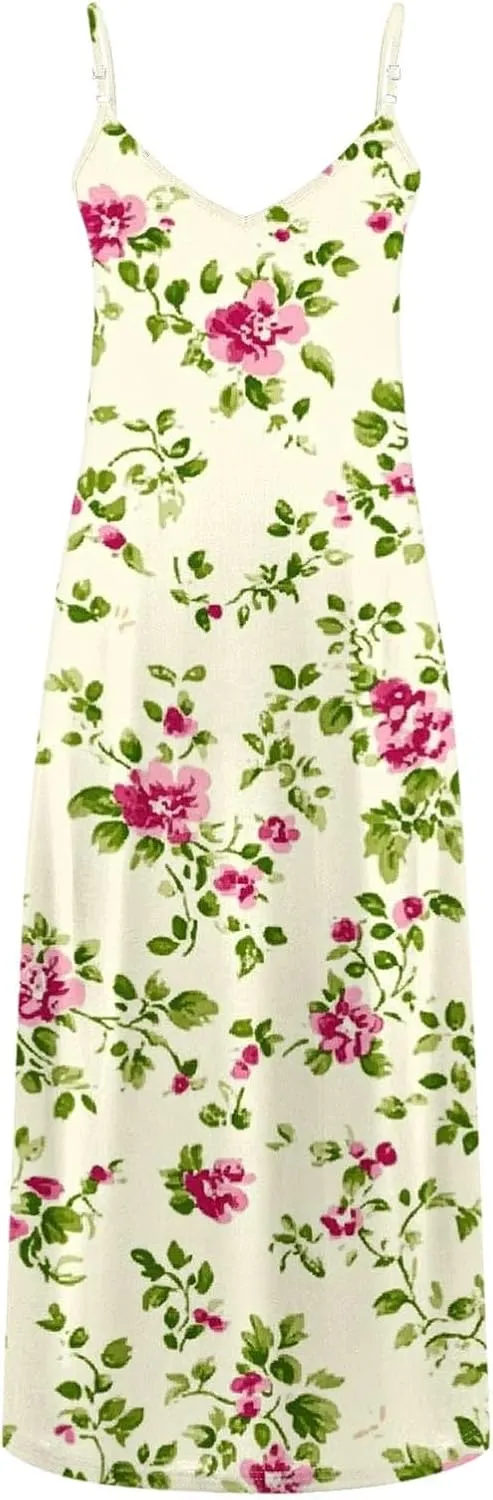 Womens Floral Sundresses Spaghetti Strap Summer Dresses Sleeveless V Neck Maxi Dress Sexy A Line Beach Cami Dress