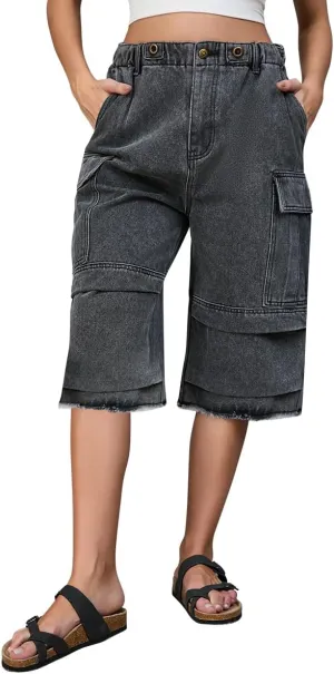 Women's High Waist Capri Jeans, Unisex Camo Denim Stretchy Waistband Multi Pockets Baggy Cargo Capris Pants for Hiking