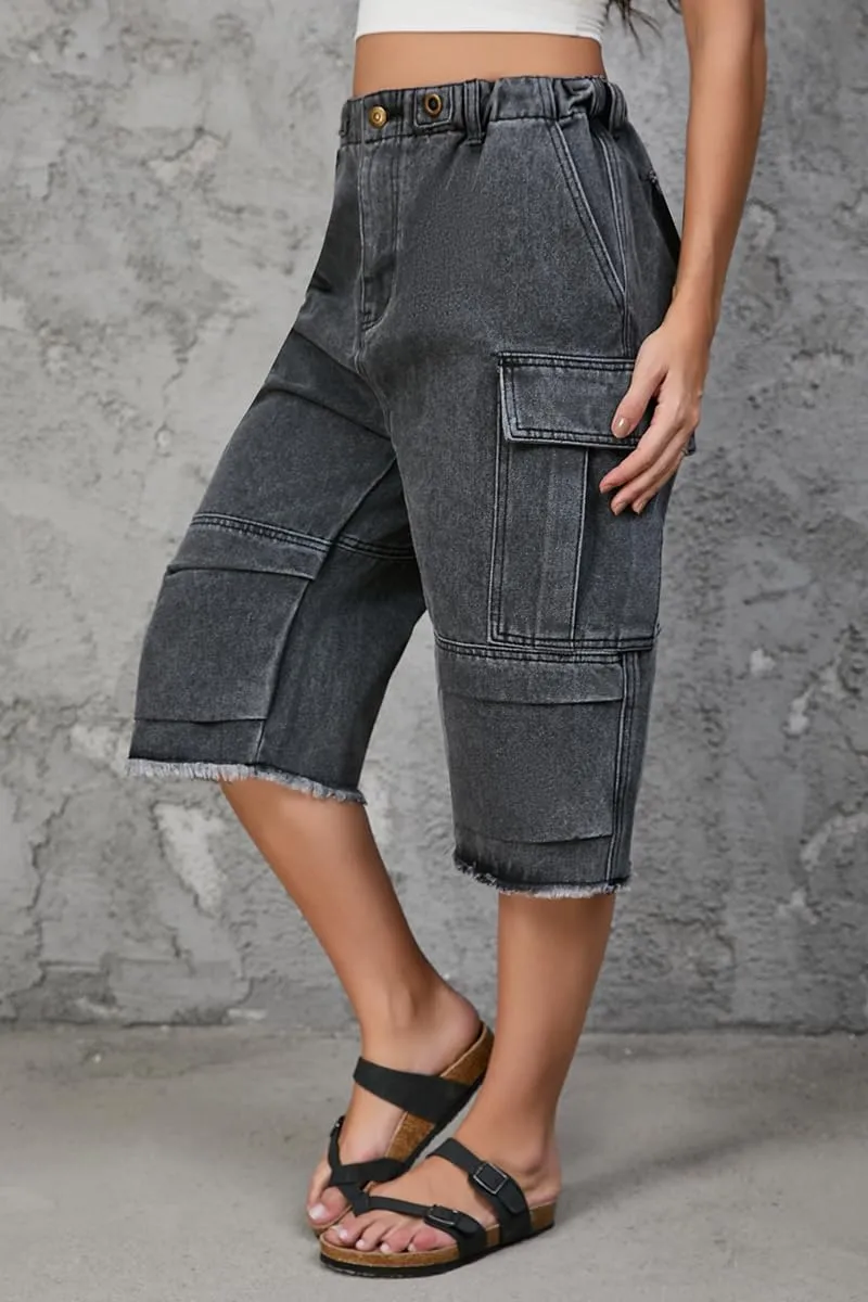 Women's High Waist Capri Jeans, Unisex Camo Denim Stretchy Waistband Multi Pockets Baggy Cargo Capris Pants for Hiking