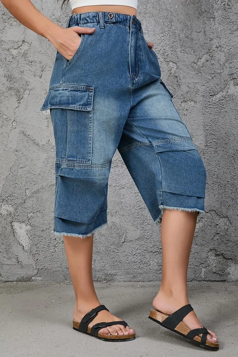 Women's High Waist Capri Jeans, Unisex Camo Denim Stretchy Waistband Multi Pockets Baggy Cargo Capris Pants for Hiking