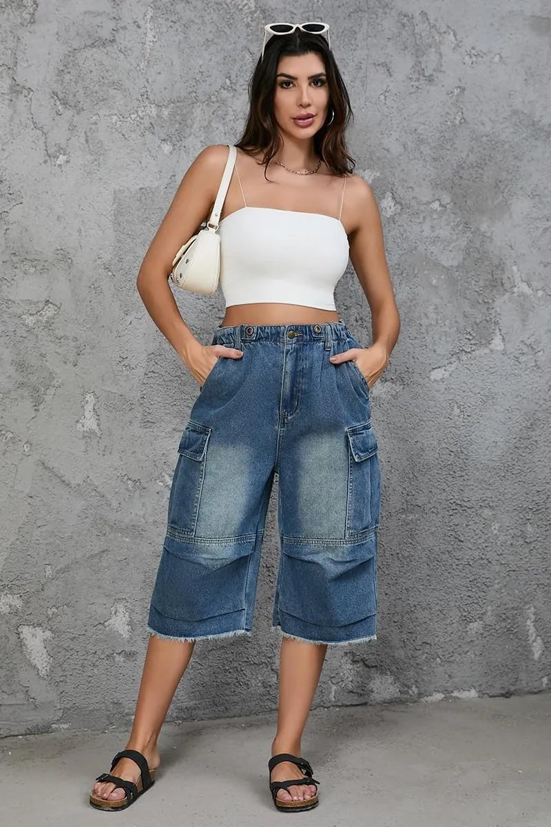 Women's High Waist Capri Jeans, Unisex Camo Denim Stretchy Waistband Multi Pockets Baggy Cargo Capris Pants for Hiking