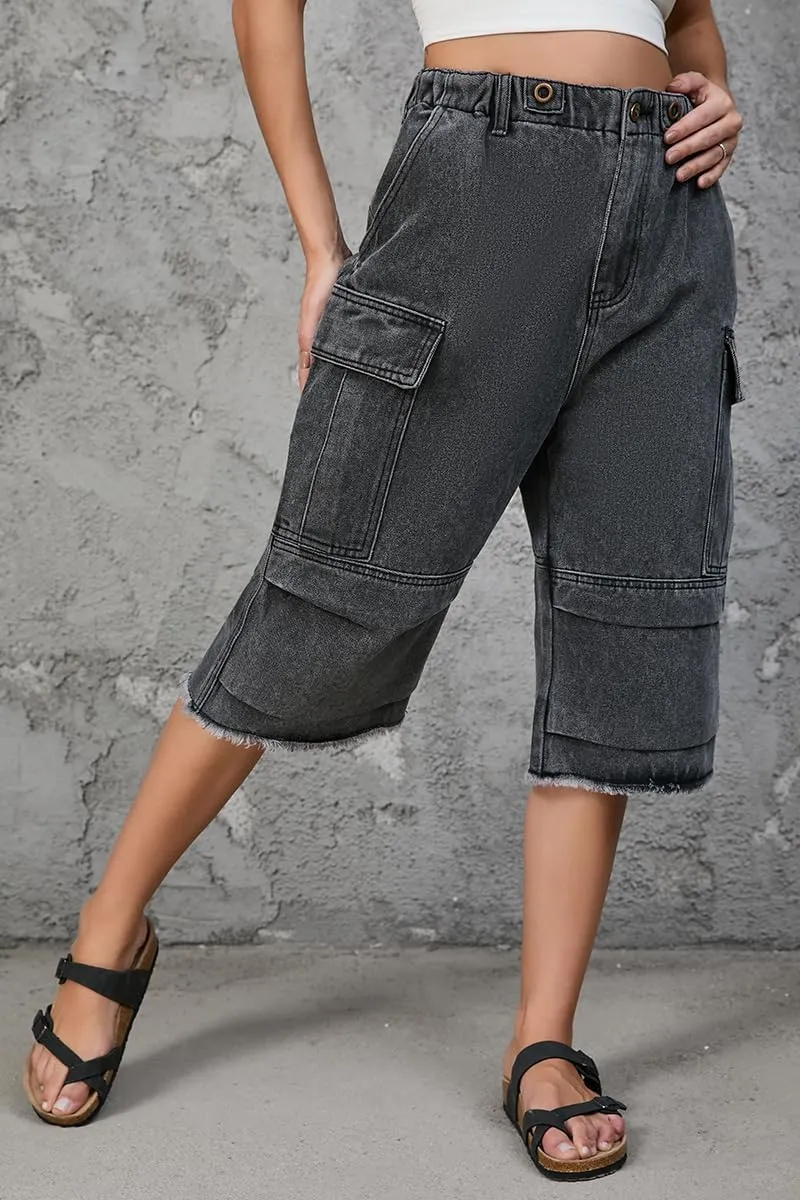 Women's High Waist Capri Jeans, Unisex Camo Denim Stretchy Waistband Multi Pockets Baggy Cargo Capris Pants for Hiking